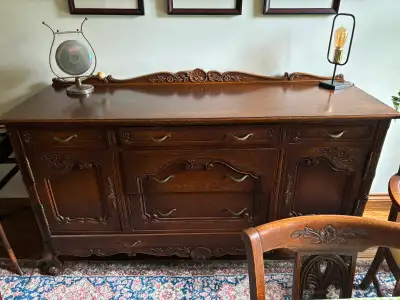 Antique solid oak, beautiful carving dining table, six chairs, s, View more