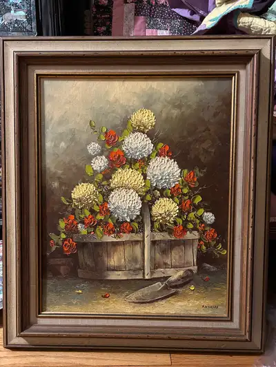 VTG a still life oil painting of flowers in a basket,, View more