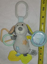 Soft Grey Dog on Clip with Rattle and Teether Feet Baby Toy