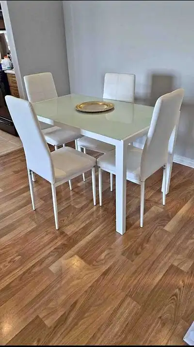 5 PC White Leather Dining Set Of 4 Chairs With Glass Table, View more