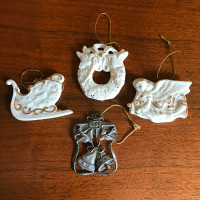 Vintage Set of 3 Bisque Christmas Ornaments Angel Wreath Sleigh