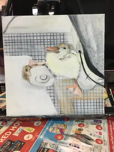 . 12x12inch acrylic painting. A duck is just born as another is just coming out and the third is on...