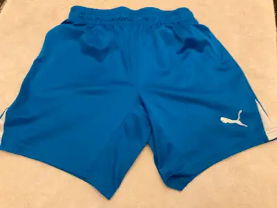 Brand: Puma Size: Small, males, 7” inseam Material: Polyester Additional Description: Blue with whit...