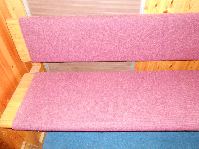 Solid oak 8ft church pew with burgundy cloth fabric on seat&back in Chairs & Recliners in Peterborough - Image 3