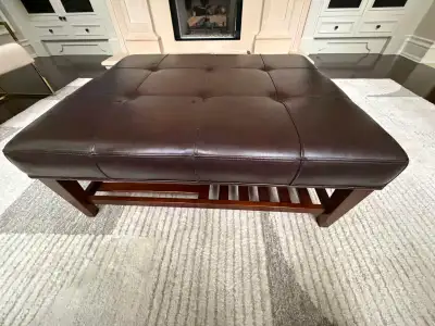 Large Leather Ottoman Coffee Table – 45" x 36" – Solid Wood Base, View more