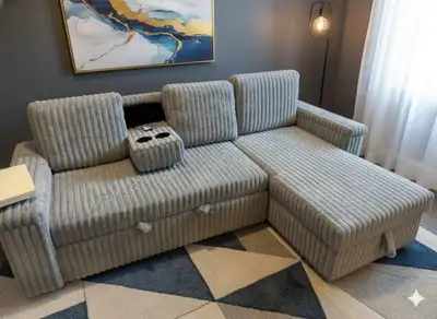 Grey Corduroy Sectional Sofa with Storage and Built-in Outlets, View more