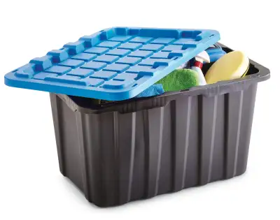 Heavy Duty Stackable Storage Box with Lid, 102-L, Black/Blue, View more