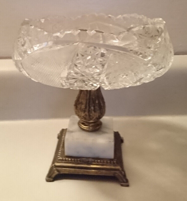 Vintage Crystal Saw Tooth Candy Dish with Brass & Marble Base in Arts & Collectibles in Oshawa / Durham Region