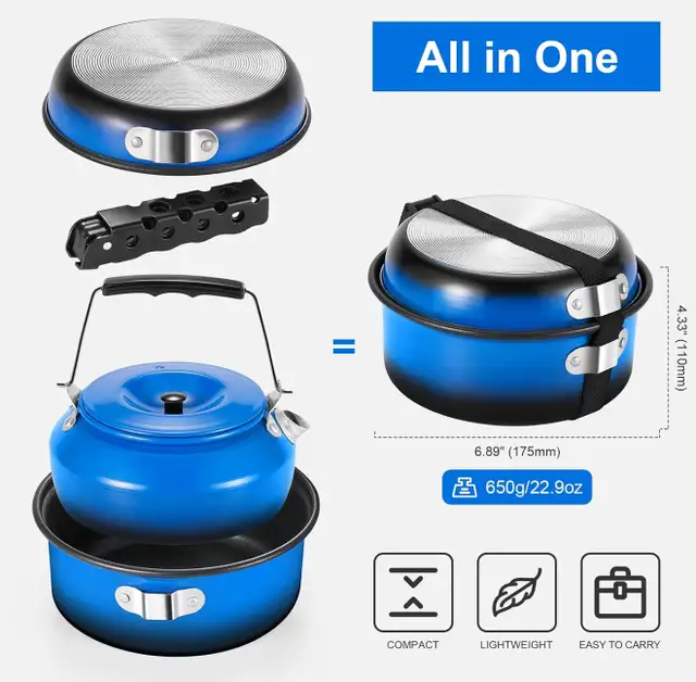 New 5pcs Camping Cookware Mess Kit with Removable Handle/Blue in BBQs & Outdoor Cooking in Calgary - Image 8