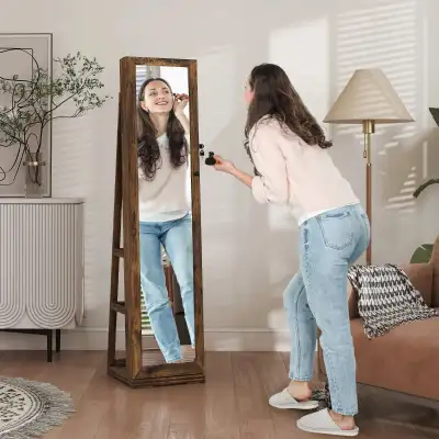 360° Swivel Jewelry Armoire, Lockable Mirror Jewelry Cabinet with Built-In Small Mirror, Rustic Brow...