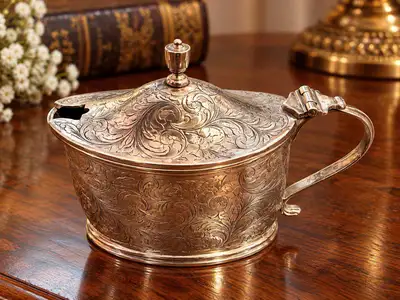 Antique Engraved Silver Mustard Pot – Elegant Vintage Piece, View more