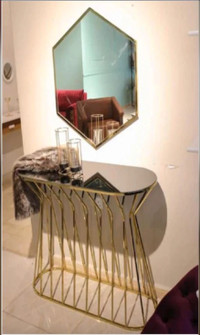 Oval Console Table with Mirror, Mirror Glass Top, Metal Base