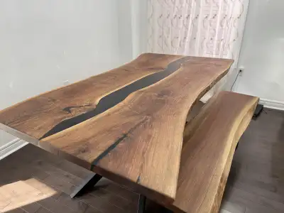 Live Edge Epoxy River Dining Set with bench, View more