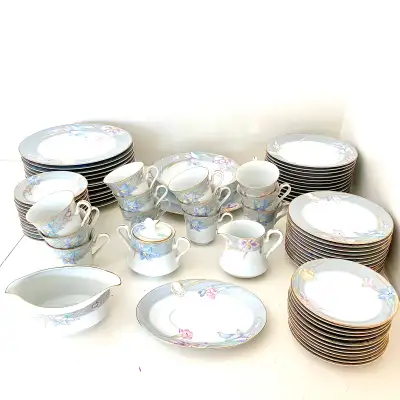 Dinnerware set fine china Mikasa Charisma plates cups 78 piece set with floral pattern and grey gold...