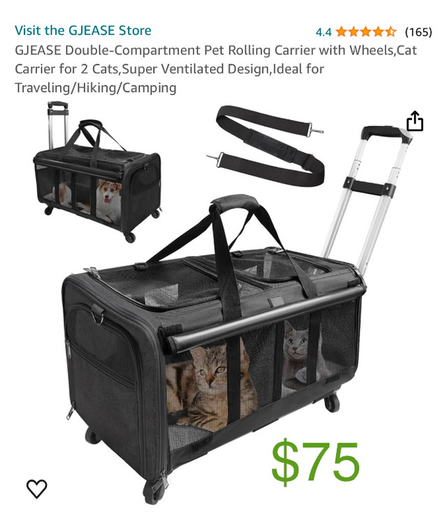 New, 1 or 2 Cat Carrier with wheels, 35 pound max weight, $75 in Accessories in Norfolk County