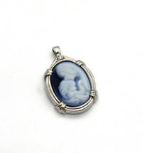 10K White Gold Mother & Baby Blue Cameo Oval Pendant $125