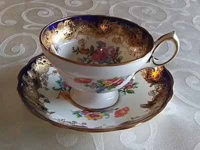 HAMMERSLEY PEDISTAL CUP SAUCER - COBOLT, GOLD, WHITE, FLOWERS, View more