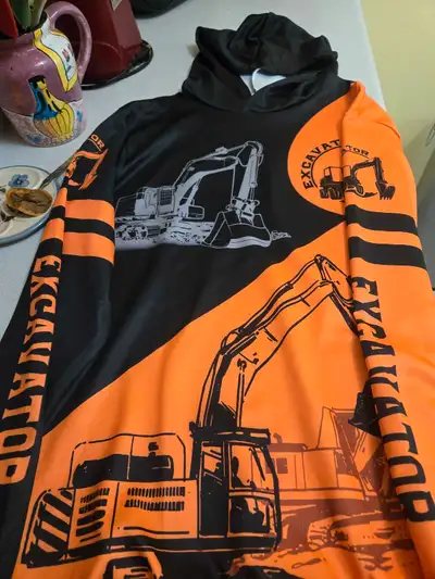 Light weight hoodie with excavator on it