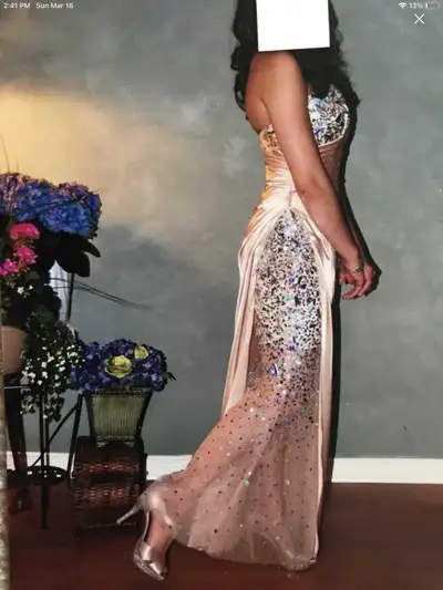 Priced to sell, asking $85 for this Maggie Sottero champagne colored dress with rouching, lovely iri...