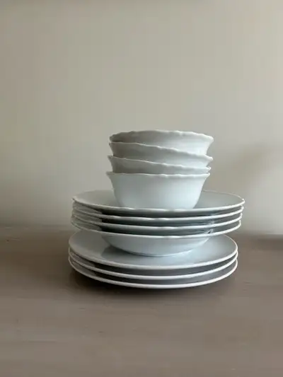 Ikea plates bowls and soup bowls plus cutlery. Probably a good option for a student