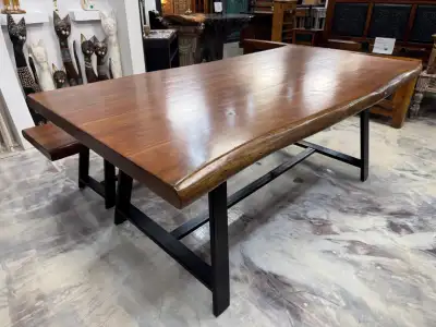 Table en bois d’acacia massif, table à dîner exotique avec banc, View more