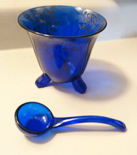 Vintage Cobalt Blue Glass Sugar Bowl & Cobalt Blue Glass Spoon