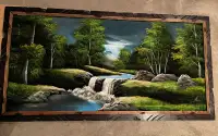 Original oil painting of waterfall, mountain and forest 