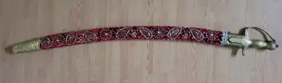 Vintage Handcrafted Indian Wedding Sword Brass Handle Red Sheath, View more