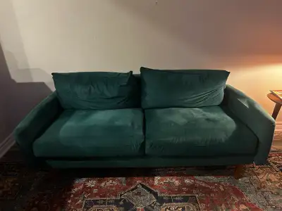 Green velvet couch, View more