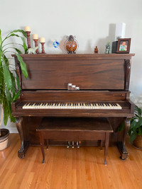 Antique Canadian upright Piano with bench, Dark Walnut finish