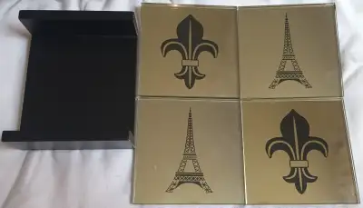 4 Glass Mirror Coasters Wood Holder, Eiffel Tower & Fleur de Lis, View more