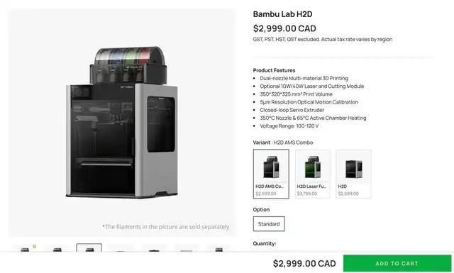 Bambulab H2D Combo 3D Printer, Dual Extruder, Core-XY, Bambu Lab62863266762242122