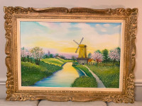 Large vintage Windmill oil painting by J. Jakubiec