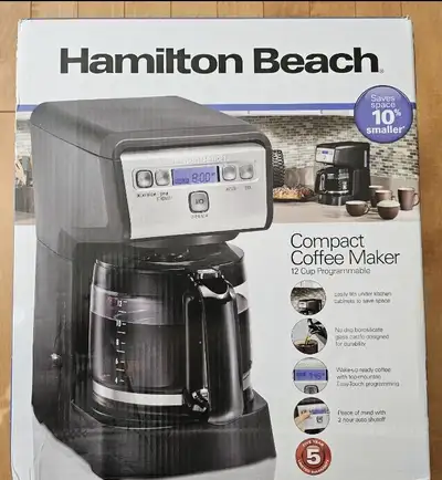 Coffee maker. Hamilton beach compact coffee maker, black and stainless steel color, 12 cup programma...
