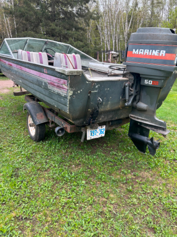 16 ft Boat 50 H Mariner motor with trailer must sell Powerboats