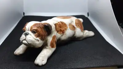 Cute Ceramic Porcelain Bull Dog Figurine Beige and Brown spotted 6 inches in length