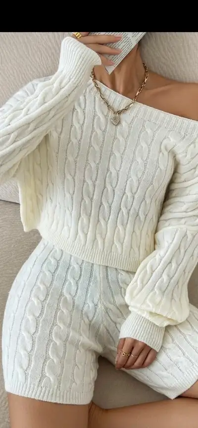 Shein Cable Knit Drop Shoulder Sweater & Knit Shorts, View more