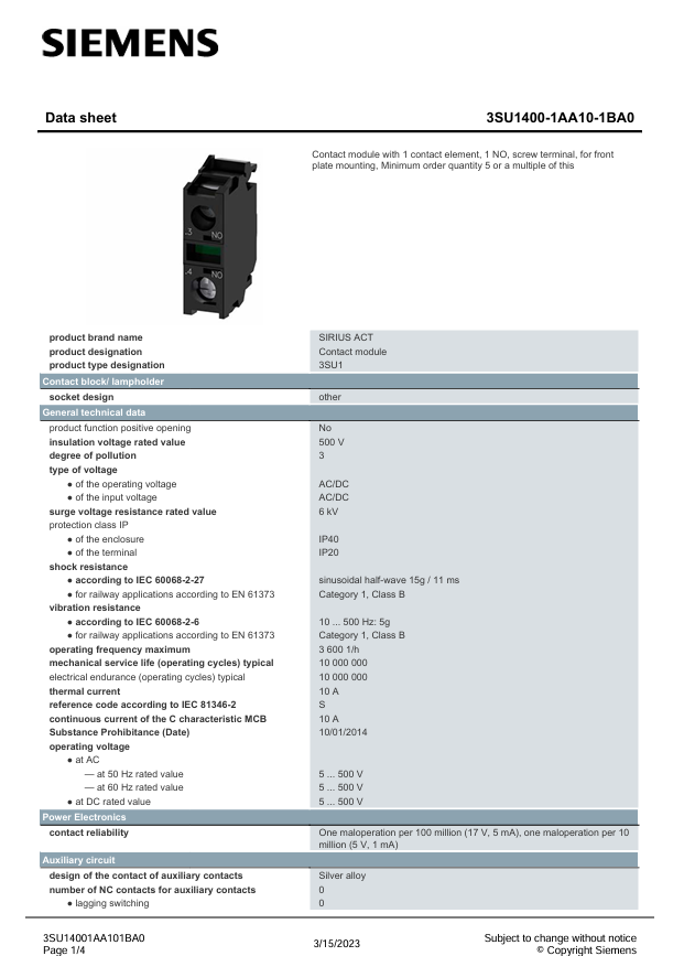 SIEMENS 3SU1400-1AA10-1BA0 Contact Block SPST-NO 10A 500V 1Pole in Electrical in Laval / North Shore - Image 3