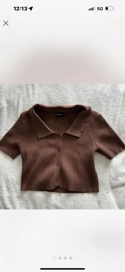 Brown ribbed collared crop top, View more