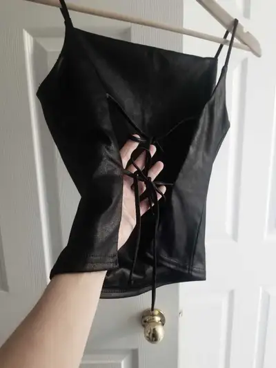 Sexy Open Back Apron Top, Black Sheen XS Vintage, View more
