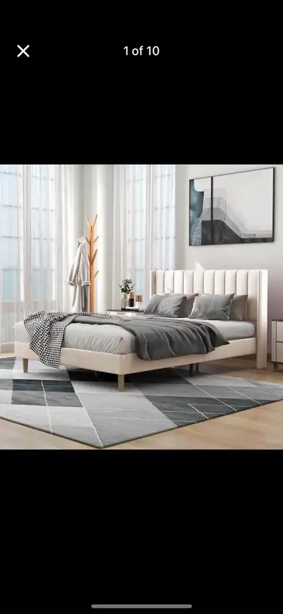 Brand new sealed Upholstered Platform King Size Bed Frame with Headboard Wooden Slats Support No Noi...