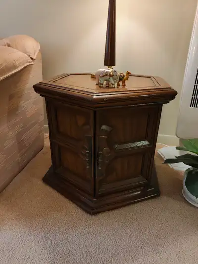 Hexagonal Dark Wood End Table / Side Cabinet, View more