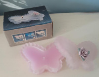 Vintage frosted pink glass butterfly lidded candle trinket box