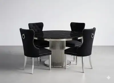 Black marble dining set with silver base, View more