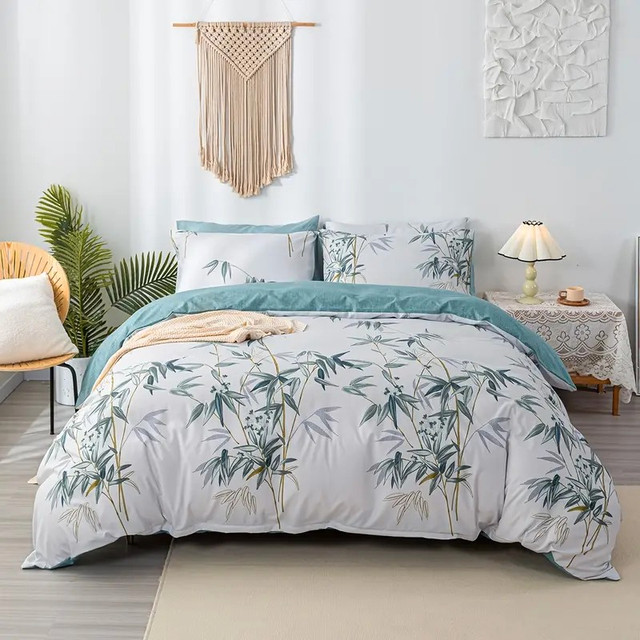 New 3 Piece Botanical Green Leaves Duvet Cover Set • Q $65 in Bedding in North Bay