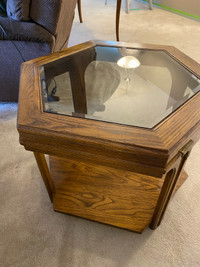 Vintage Hexagon wood and glass end table 