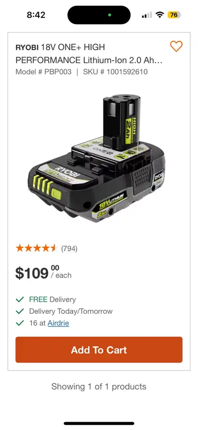 RYOBI 18V Battery , View more