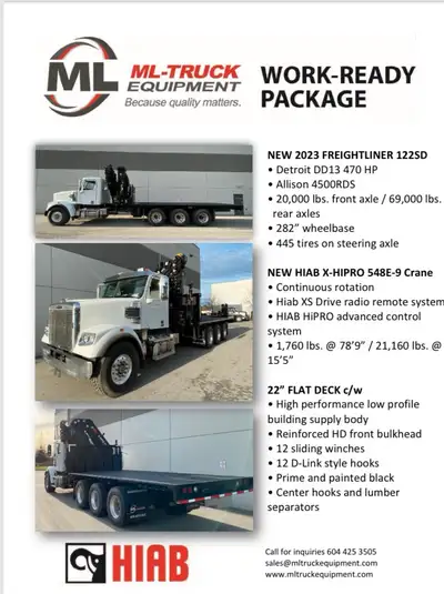 This is a NEW 2023 Freightliner 122SD, equipped with a HIAB X-HIPRO 548E-9 Crane featuring continuou...