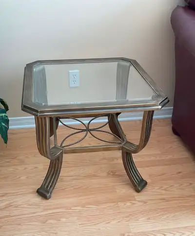End table-Beveled Glass and Intricate Antique Gold Metal Work, View more