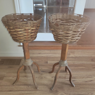VINTAGE 3 LEG WOOD/WICKER PLANT STANDS, View more